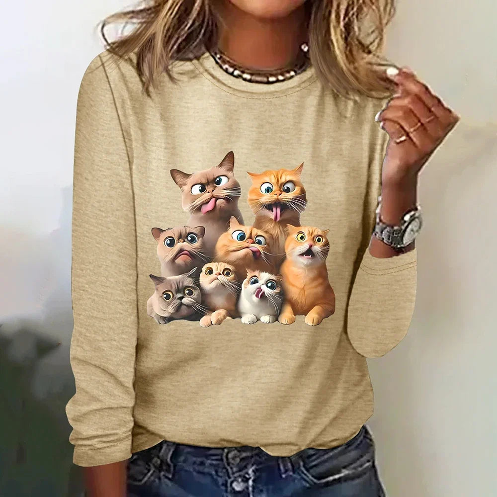 Womens Cat Print Loose T-Shirt Animal Print Long Sleeve Shirt Fashion Clothing 2024 Ladies Cute Print Long Sleeve