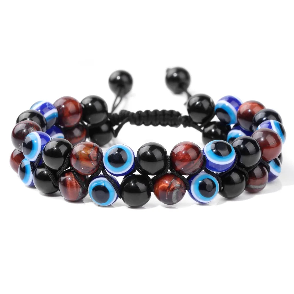 Men Triple Protection Stone Bead Bracelet Double Layers Tiger Eye Hematite Obsidian Rope Wrap Bracelet Handmade Jewelry Gift