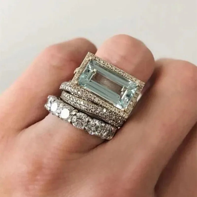 2025 New Fashion Three Piece Set Blue Square Zircon Rings For Women Party Idea Gifts Custom Jewelry