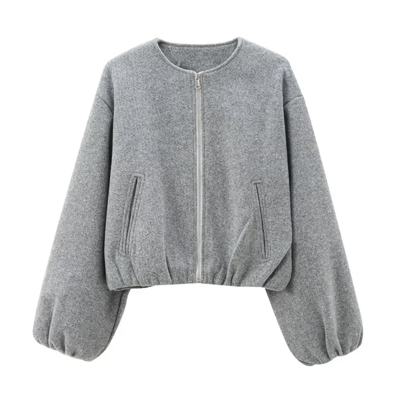 HXAO Outerwears Cropped Bomber Jacket Women Autumn Long Sleeve Faux Wool Coats For Woman Winter Zip Up Gray Beige Short Coats
