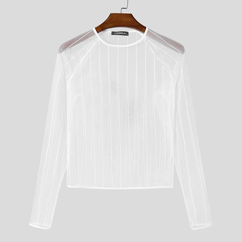 Party Nightclub Style Tops INCERUN Men's See-through Thin Design T-shirts Sexy Leisure Male Hot Sale Long Sleeved Camiseta S-3XL