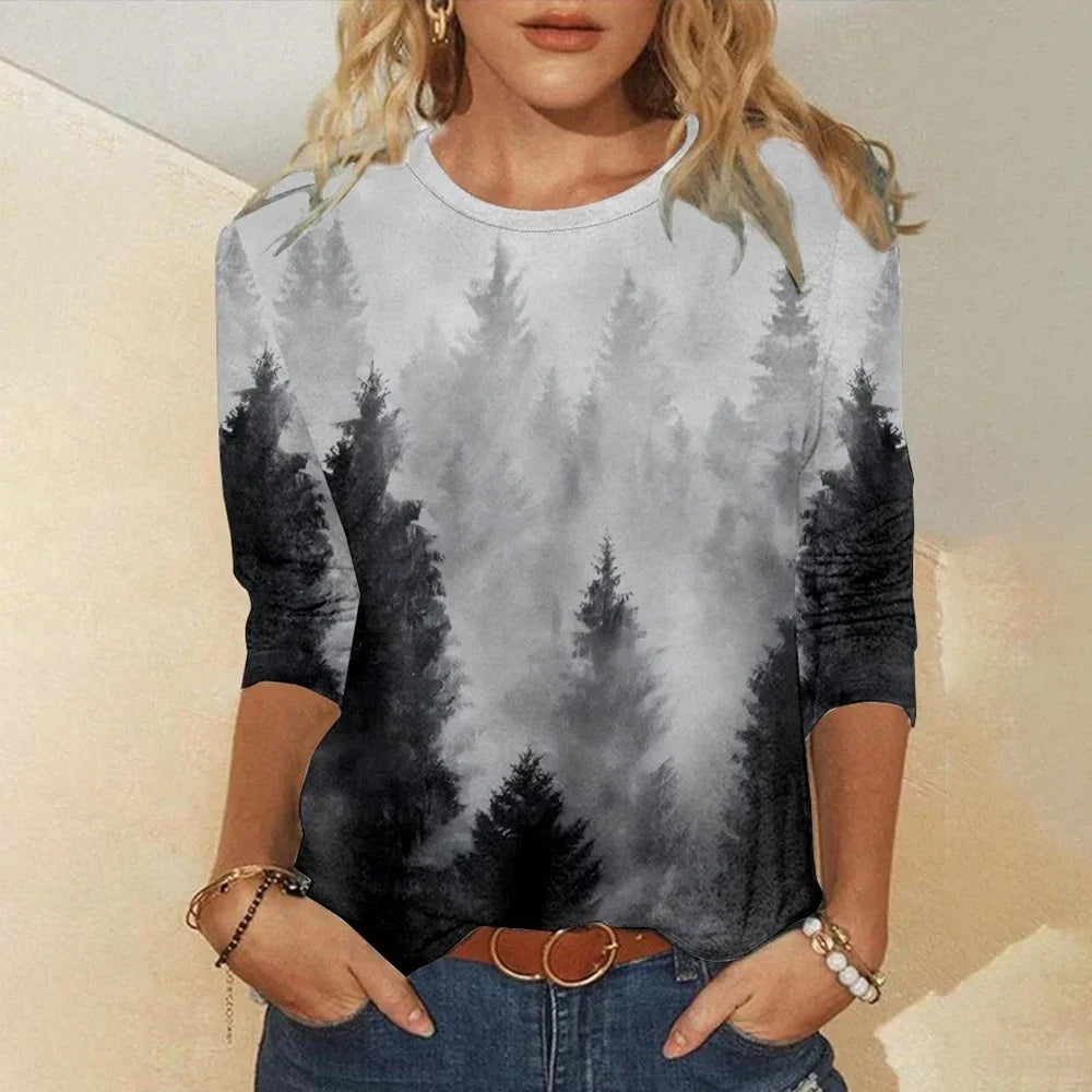 Women's Nature Scenery Graphic T-Shirt Fashion Casual Long Sleeve T-Shirt Breathable Casual Designer Clothing