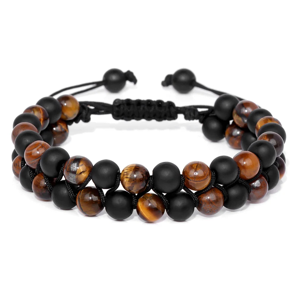 Men Triple Protection Stone Bead Bracelet Double Layers Tiger Eye Hematite Obsidian Rope Wrap Bracelet Handmade Jewelry Gift