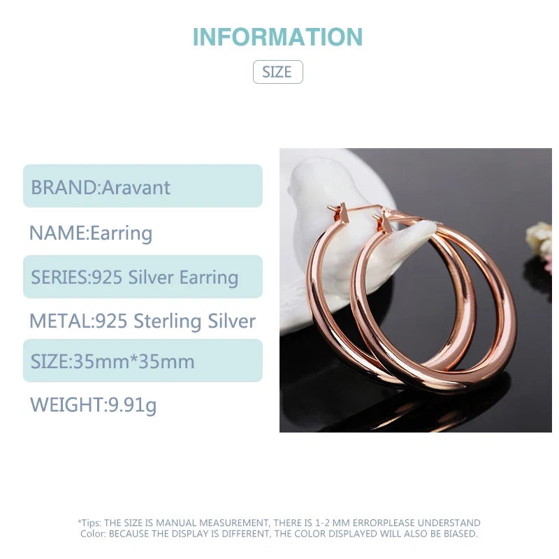 Aravant 925 Silver 35mm Rose Gold Hoop Earrings For Women Girls Fashion Jewelry
