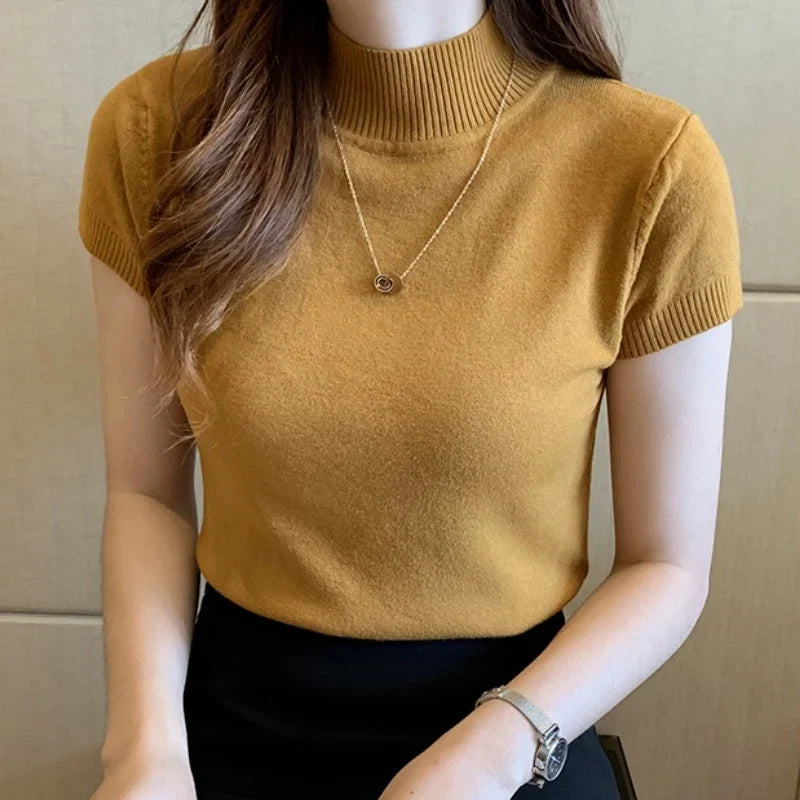 Turtleneck T-Shirt Women's Fashion Jumper Casual Tops Korean Style Elegant Solid-Coloured Clothing Spring And Summer Season