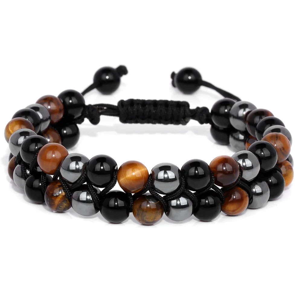 Men Triple Protection Stone Bead Bracelet Double Layers Tiger Eye Hematite Obsidian Rope Wrap Bracelet Handmade Jewelry Gift