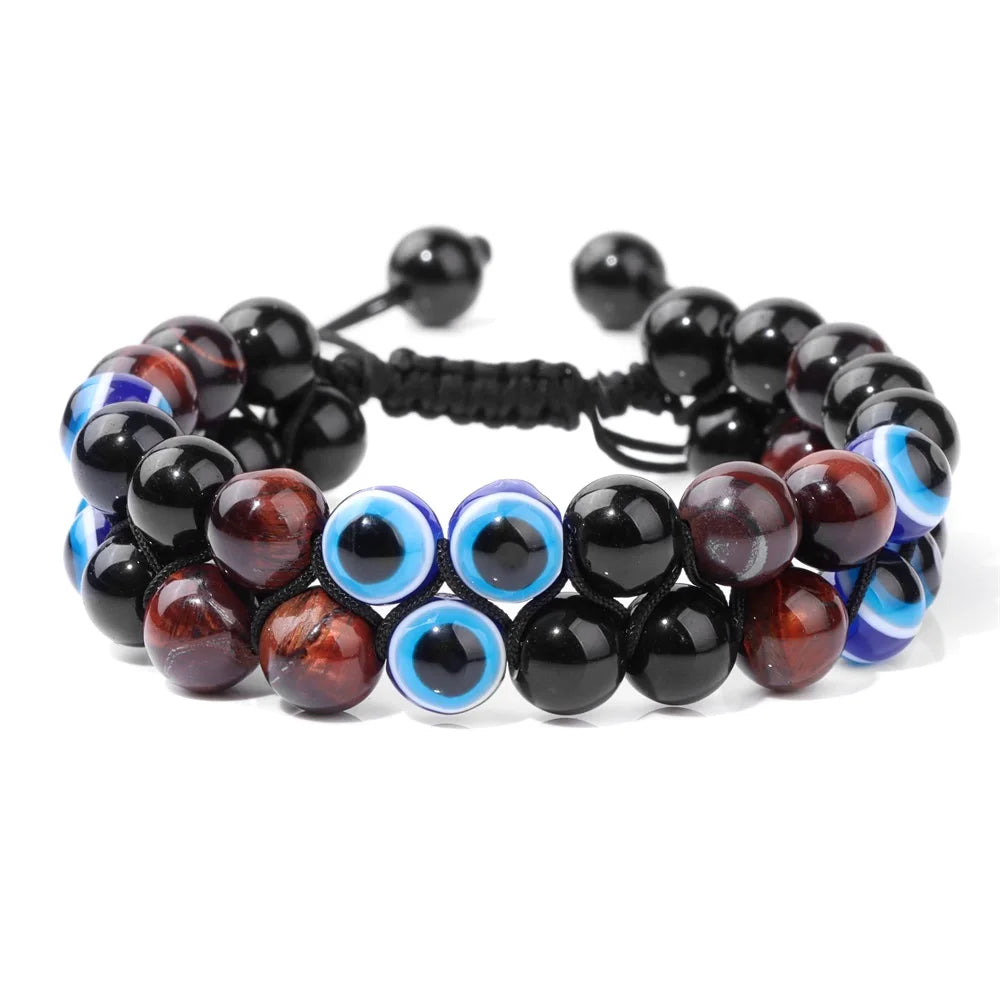 Men Triple Protection Stone Bead Bracelet Double Layers Tiger Eye Hematite Obsidian Rope Wrap Bracelet Handmade Jewelry Gift