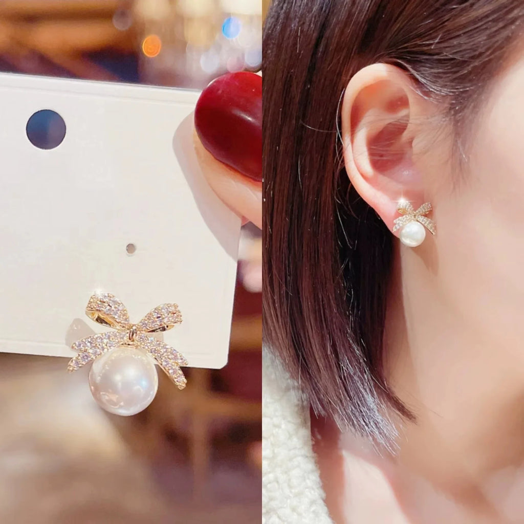 1par Micro Set Zircon Bow Pearl Pendant Earrings 2025 New Design Jewelry For Womens and Girls Fashion Ear Accessories