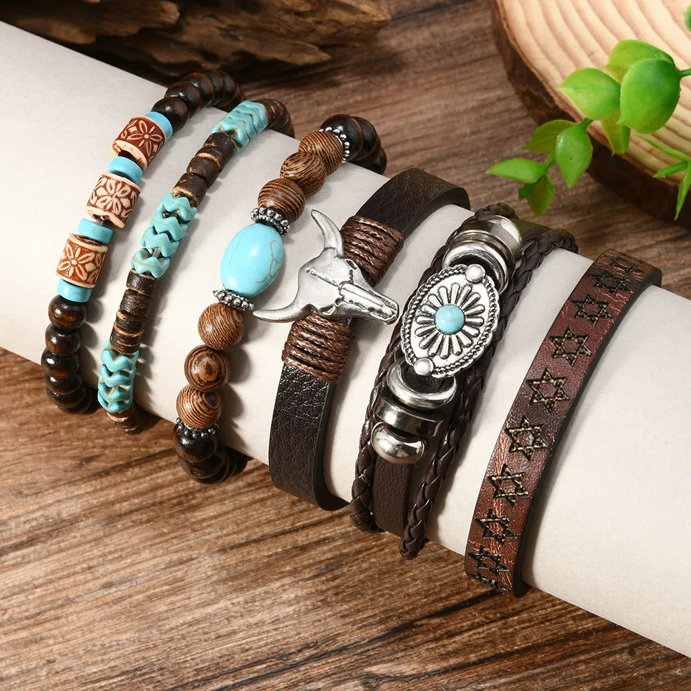 Western Denim style fashion men's leather bracelet skull cow head zinc alloy accessories 6-piece cowhide bracelet