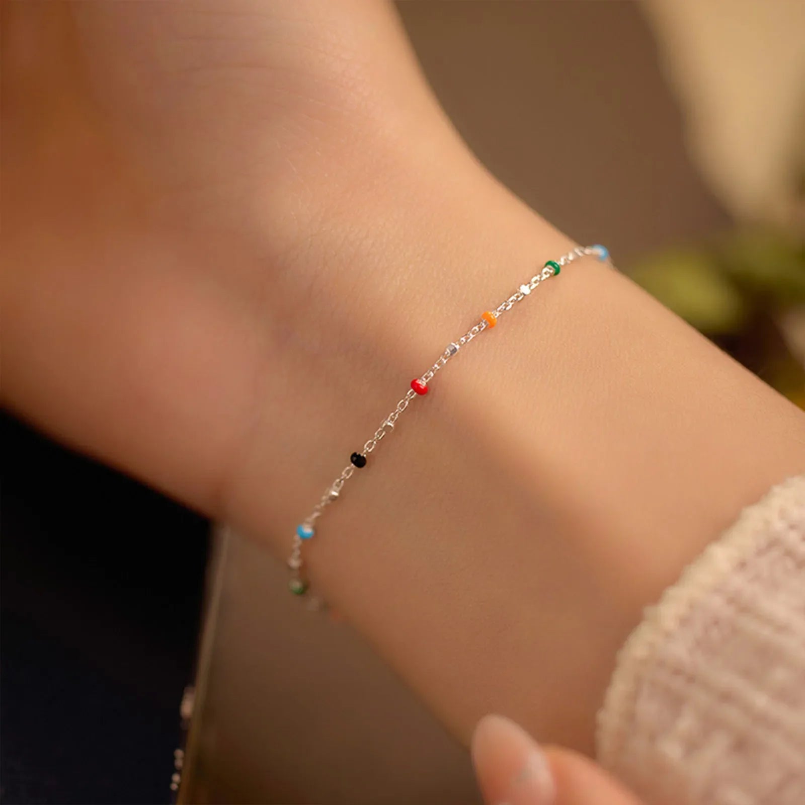 S925 Silver Dopaamine Colored Bean Bracelet Women's Popular INS Summer Niche Thin Fashion Jewelry Trendy Accessory