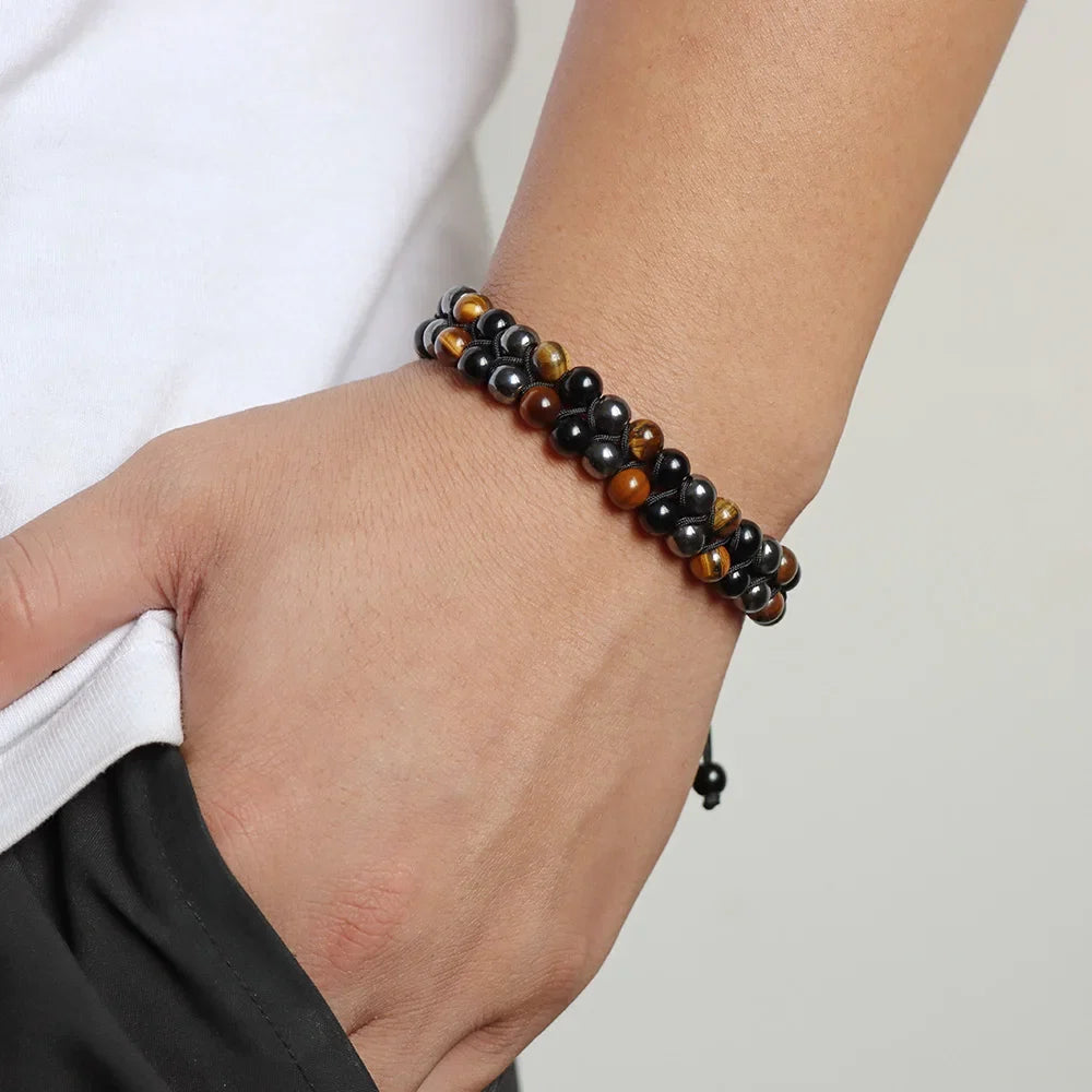 Men Triple Protection Stone Bead Bracelet Double Layers Tiger Eye Hematite Obsidian Rope Wrap Bracelet Handmade Jewelry Gift
