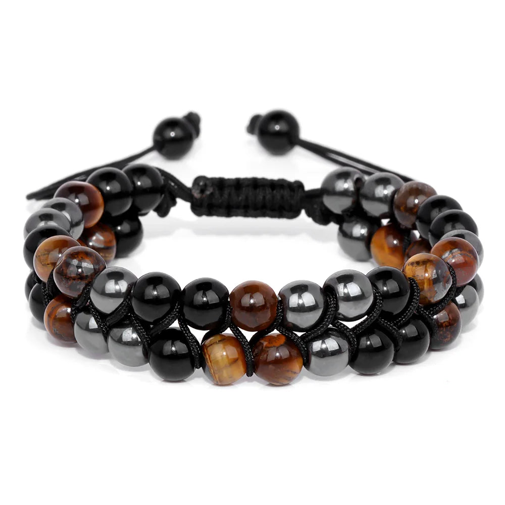 Men Triple Protection Stone Bead Bracelet Double Layers Tiger Eye Hematite Obsidian Rope Wrap Bracelet Handmade Jewelry Gift
