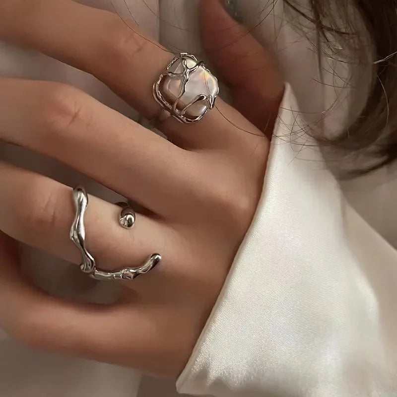 New Irregular Opening Pearl Ring Two-piece Set For Women Fashionable Personalized Daily Accessory Party Jewelry Birthday Gifts