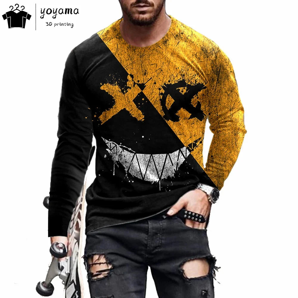 Men’s Casual Long Sleeve O-Neck T-shirt with Funny Pattern Print - Harajuku Street Fashion Top