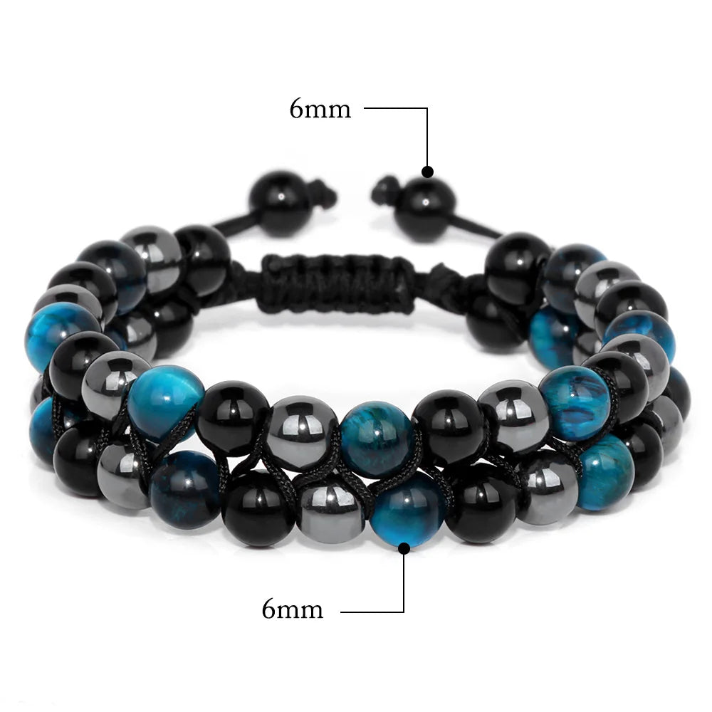 Men Triple Protection Stone Bead Bracelet Double Layers Tiger Eye Hematite Obsidian Rope Wrap Bracelet Handmade Jewelry Gift