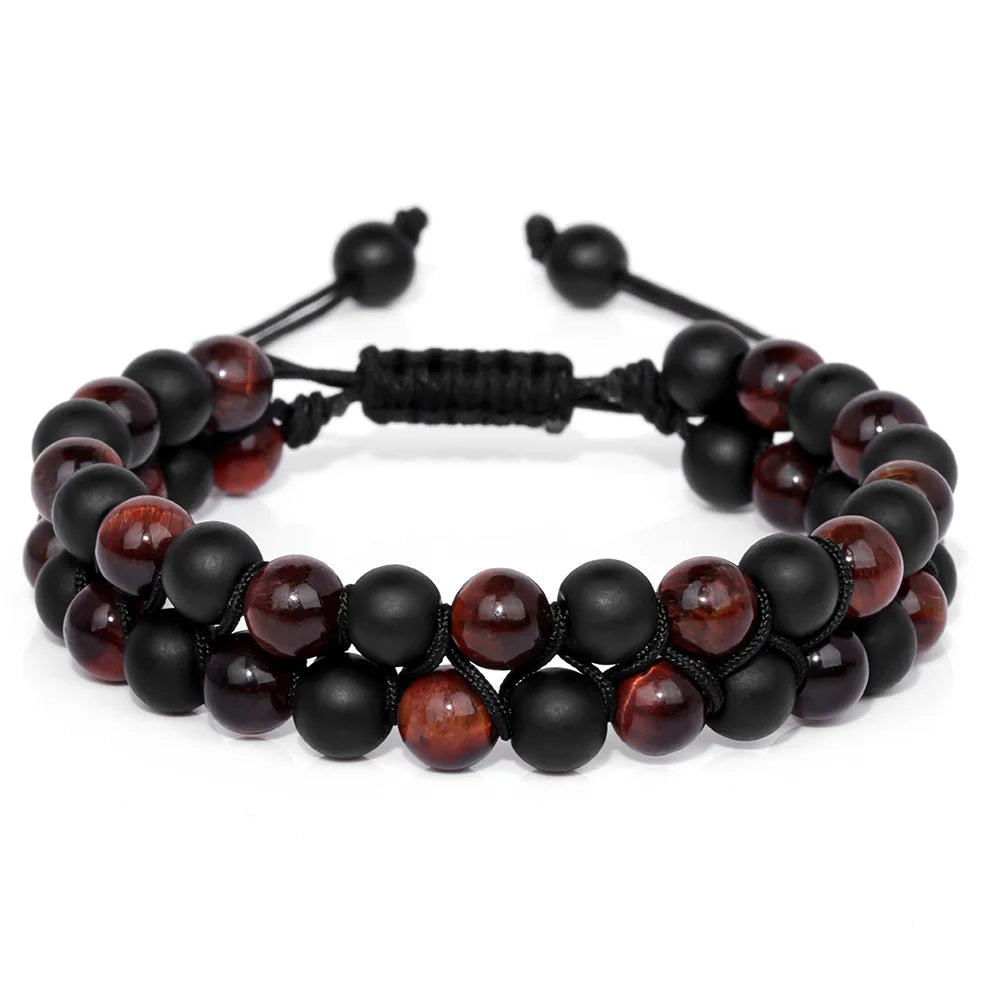 Men Triple Protection Stone Bead Bracelet Double Layers Tiger Eye Hematite Obsidian Rope Wrap Bracelet Handmade Jewelry Gift
