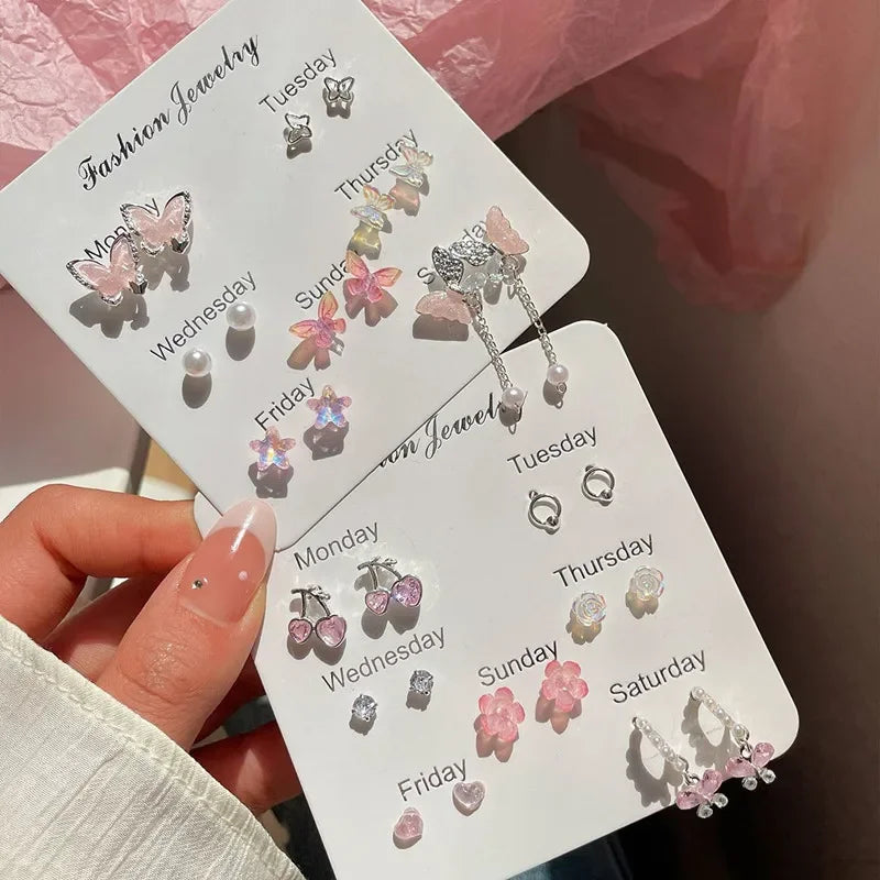 Colorful Flower Butterfly Earrings Seven-piece Set For Women Fashion Personalized Daily Accessory Party Jewelry Birthday Gifts