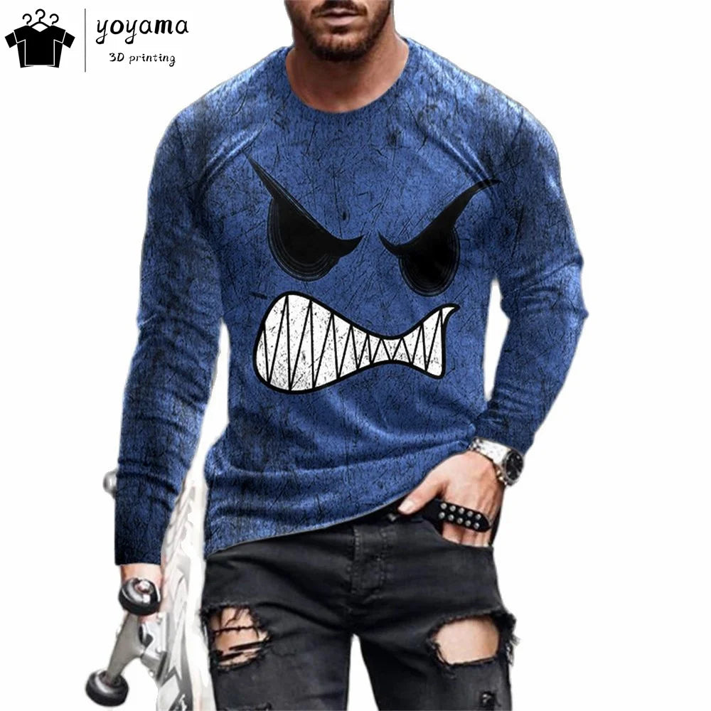 Men’s Casual Long Sleeve O-Neck T-shirt with Funny Pattern Print - Harajuku Street Fashion Top