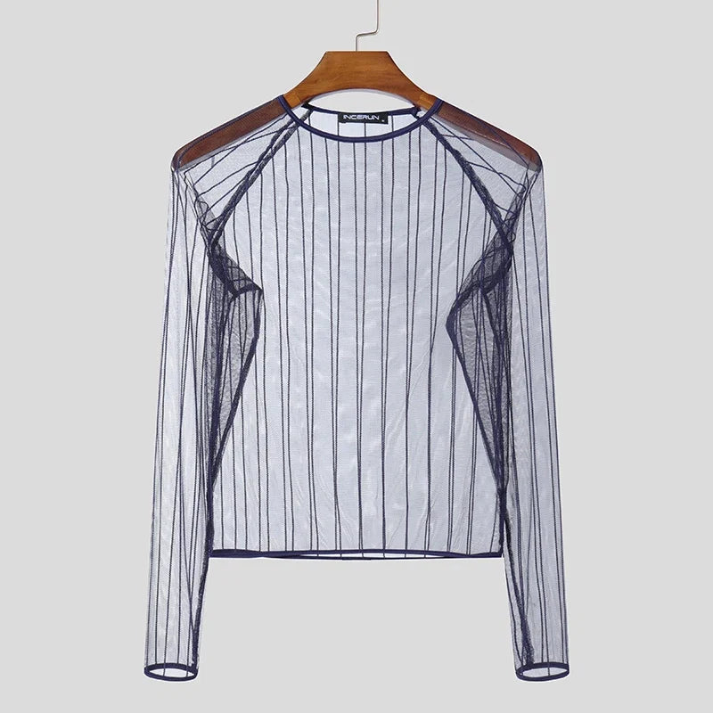 Party Nightclub Style Tops INCERUN Men's See-through Thin Design T-shirts Sexy Leisure Male Hot Sale Long Sleeved Camiseta S-3XL