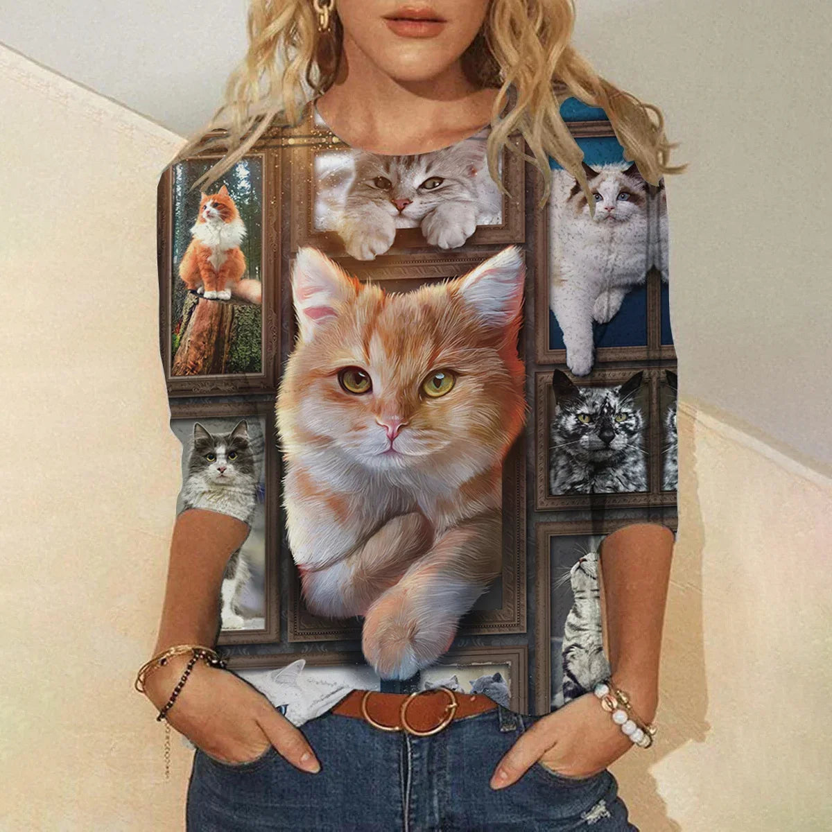 Womens Cat Print Loose T-Shirt Animal Print Long Sleeve Shirt Fashion Clothing 2024 Ladies Cute Print Long Sleeve