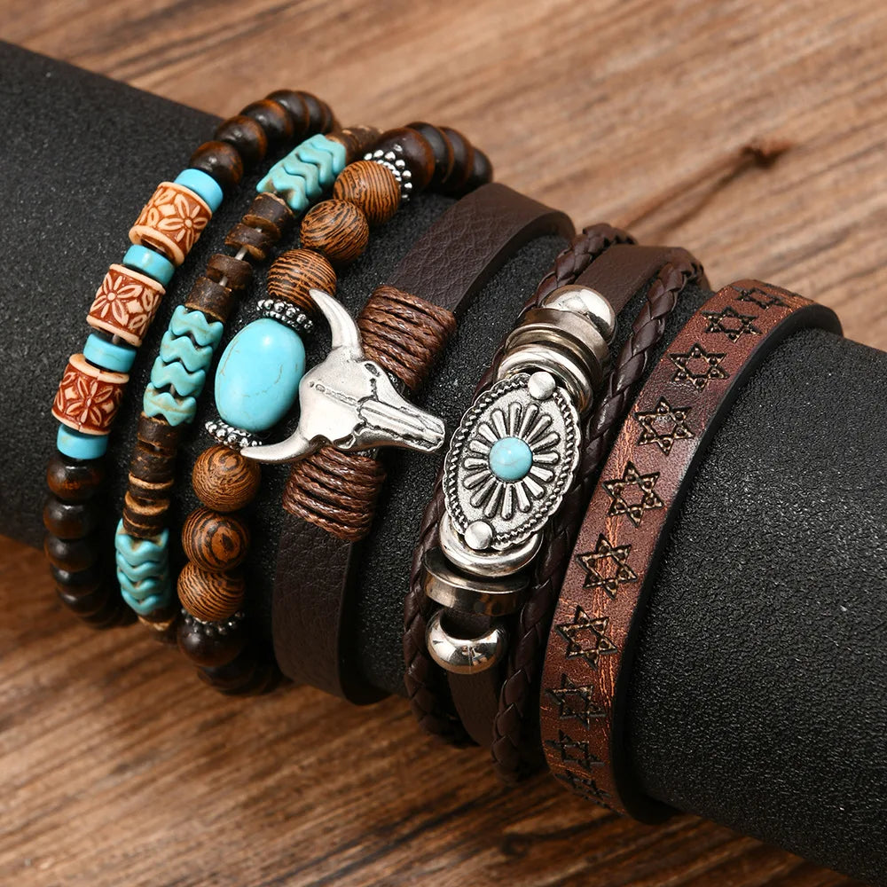 Western Denim style fashion men's leather bracelet skull cow head zinc alloy accessories 6-piece cowhide bracelet