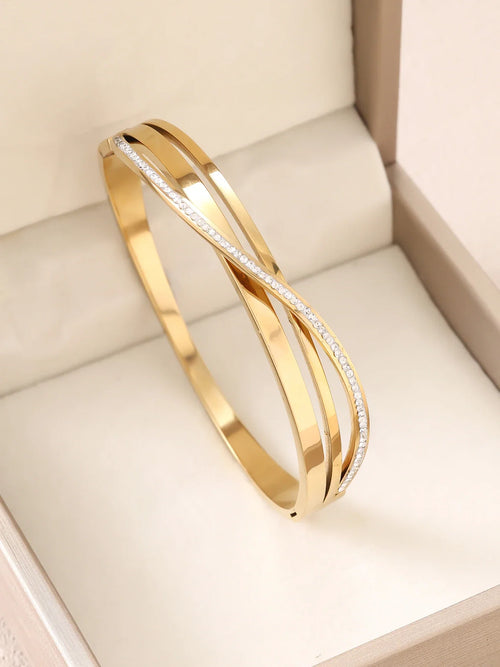 1pc 18K Gold Plated Stainless Steel Stackable Bracelet With Chain And Clover Design, Fashion Style For Women, Suitable For Casua