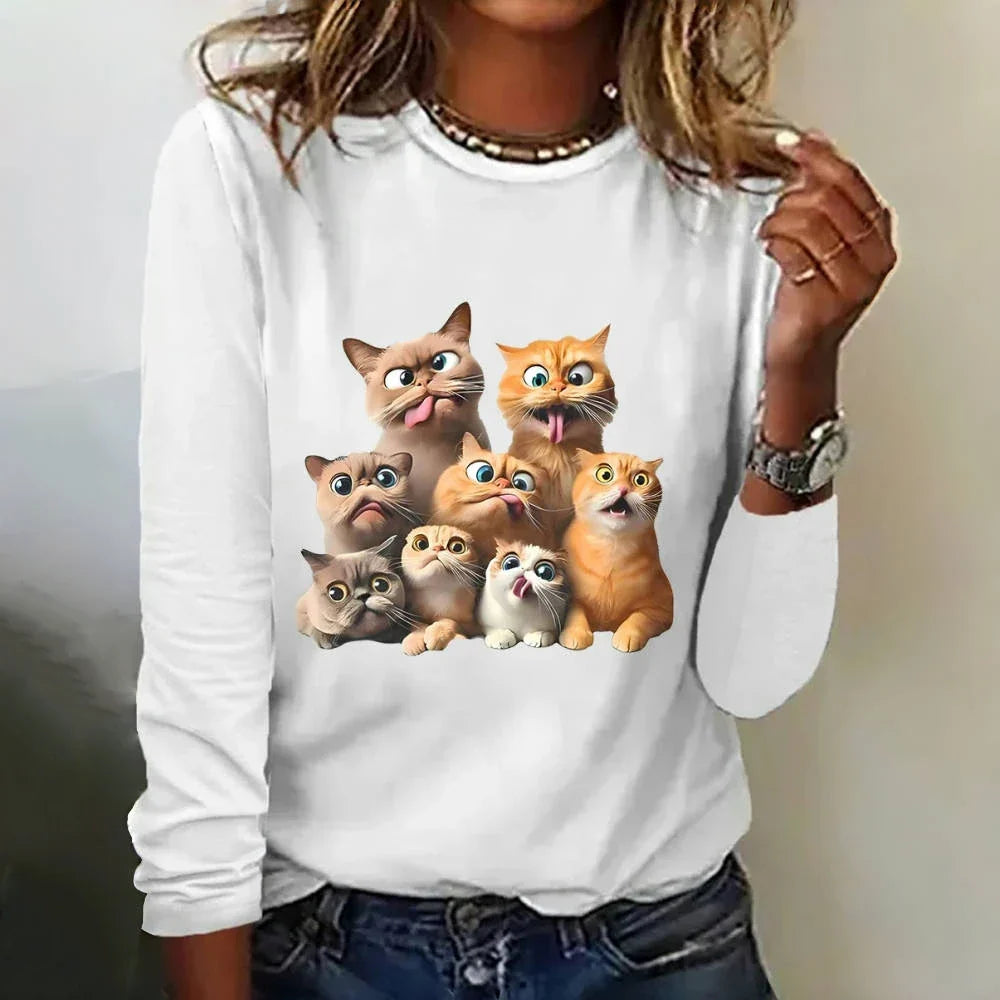 Womens Cat Print Loose T-Shirt Animal Print Long Sleeve Shirt Fashion Clothing 2024 Ladies Cute Print Long Sleeve