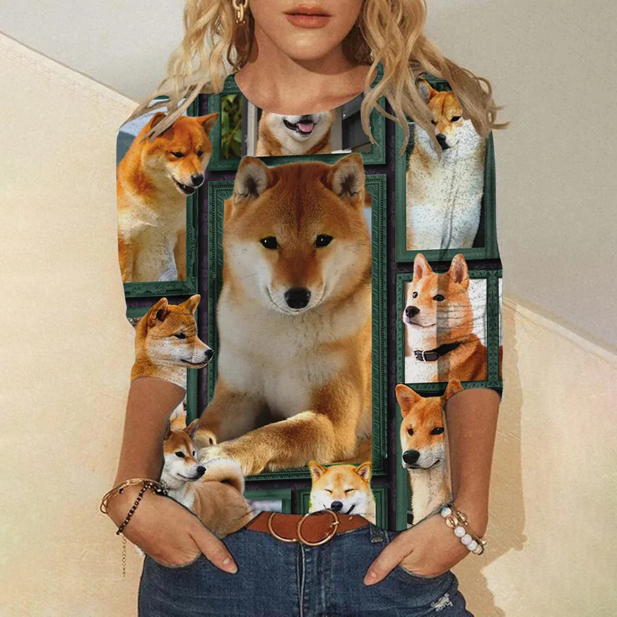 Womens Cat Print Loose T-Shirt Animal Print Long Sleeve Shirt Fashion Clothing 2024 Ladies Cute Print Long Sleeve