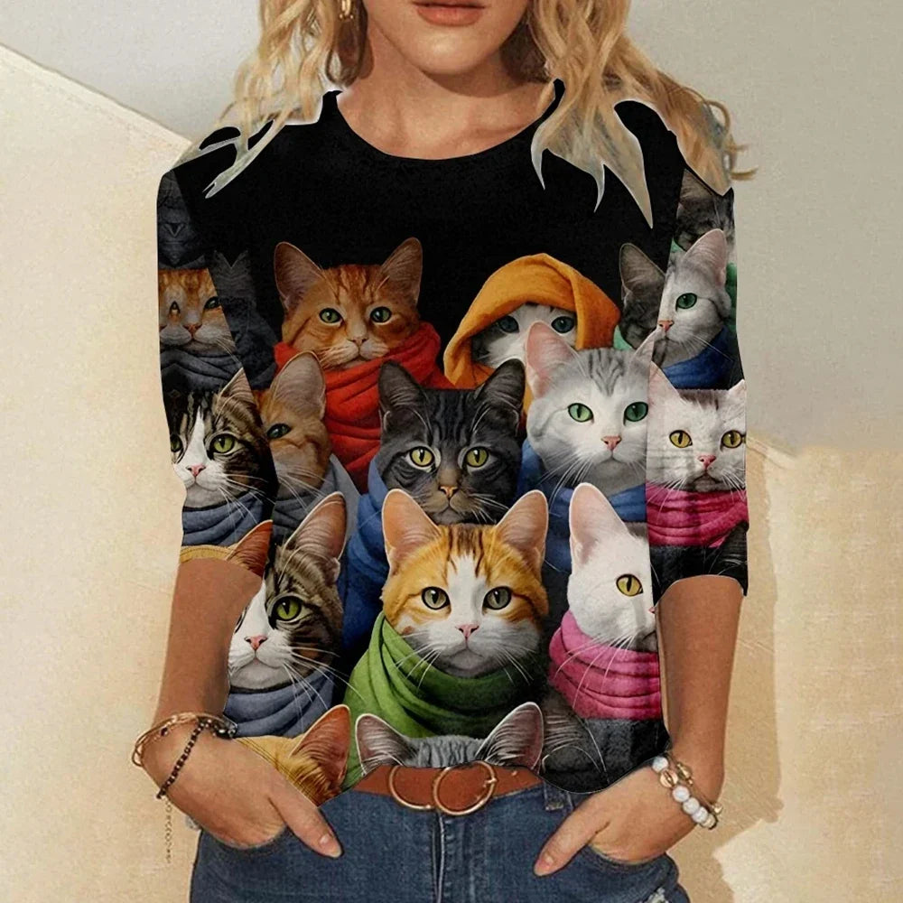 Womens Cat Print Loose T-Shirt Animal Print Long Sleeve Shirt Fashion Clothing 2024 Ladies Cute Print Long Sleeve