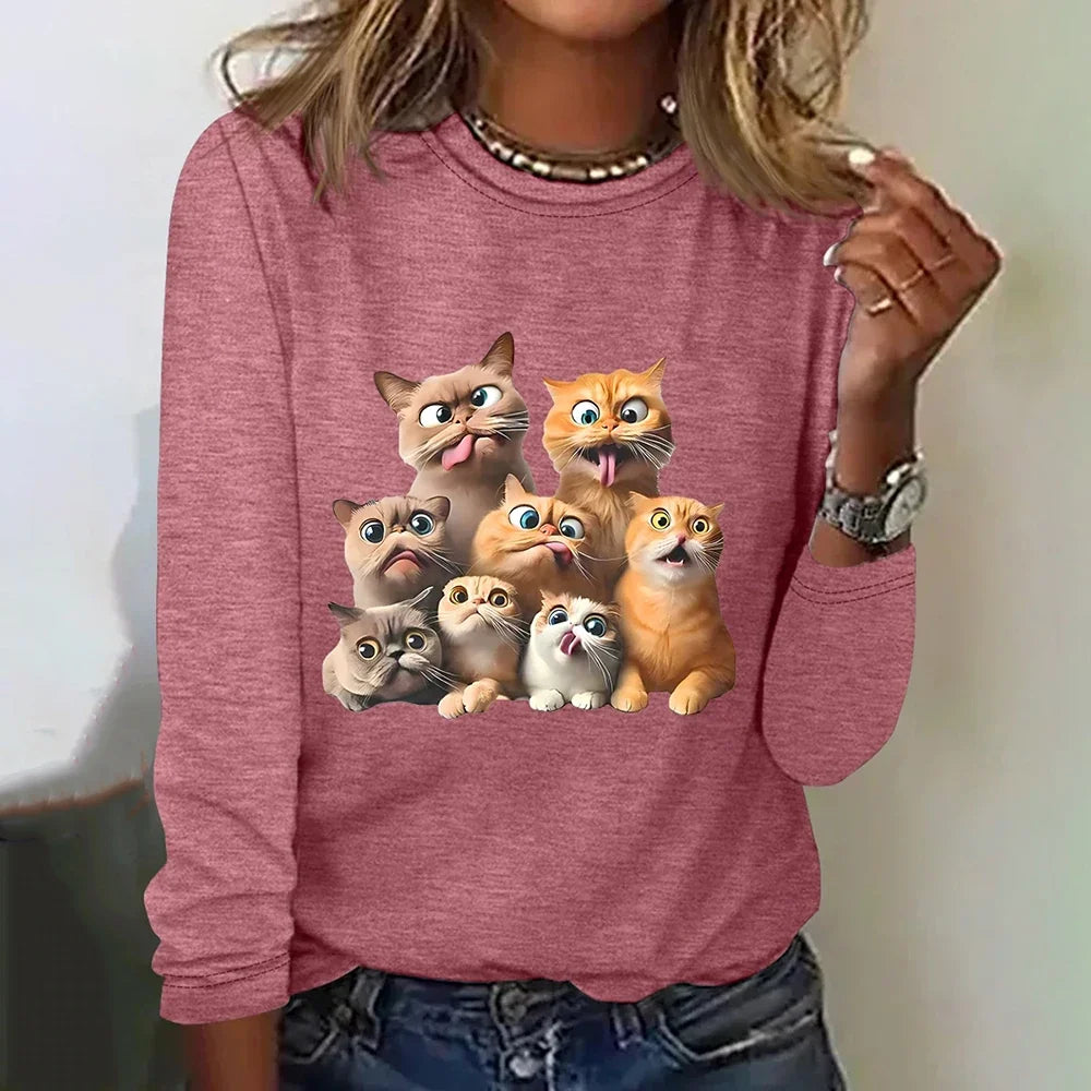 Womens Cat Print Loose T-Shirt Animal Print Long Sleeve Shirt Fashion Clothing 2024 Ladies Cute Print Long Sleeve