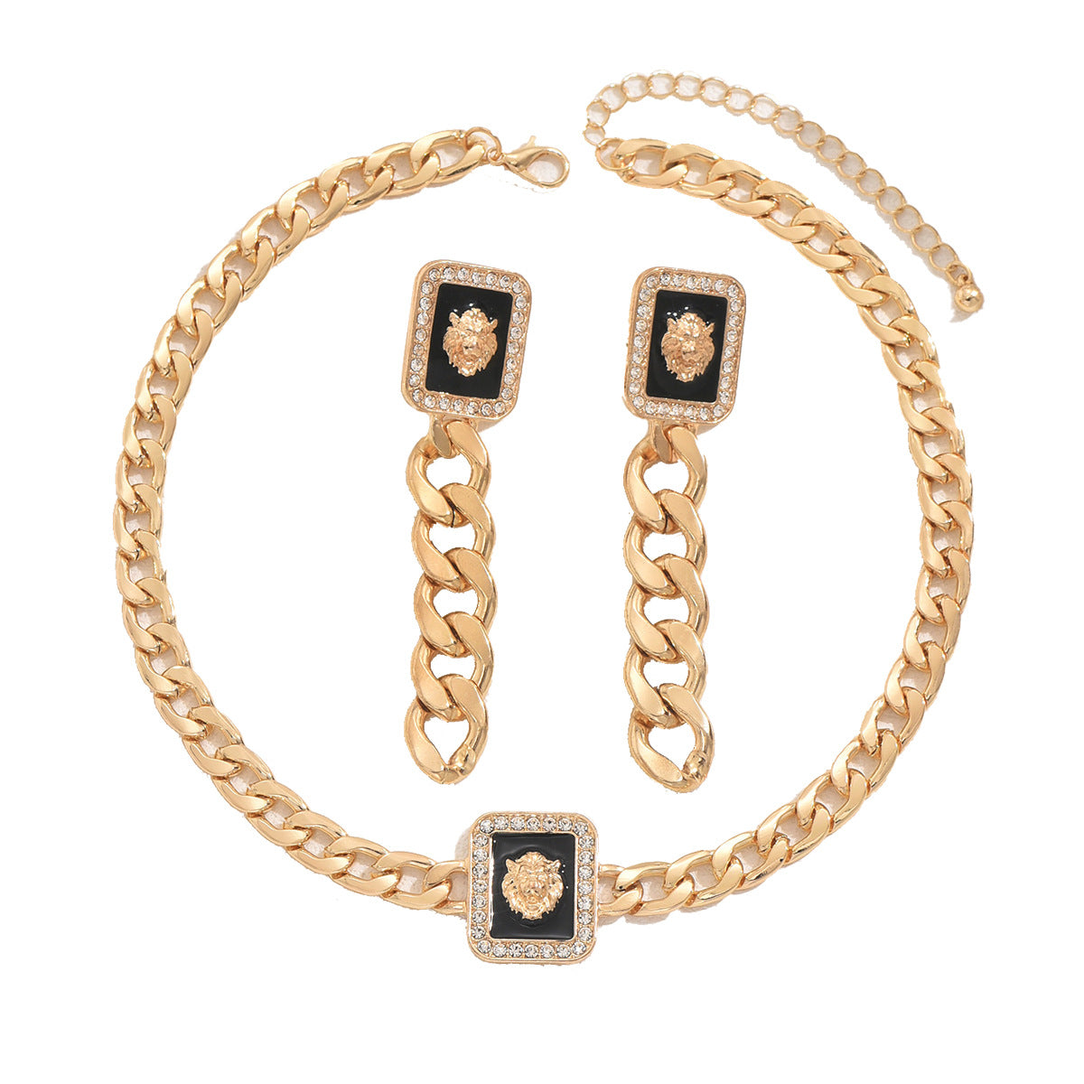 Fashion European American Women Jewelry Set, Unique Lion Pattern Cubic Zirconia Inlaid Necklace Bracelet Clavicle Chain Accessories