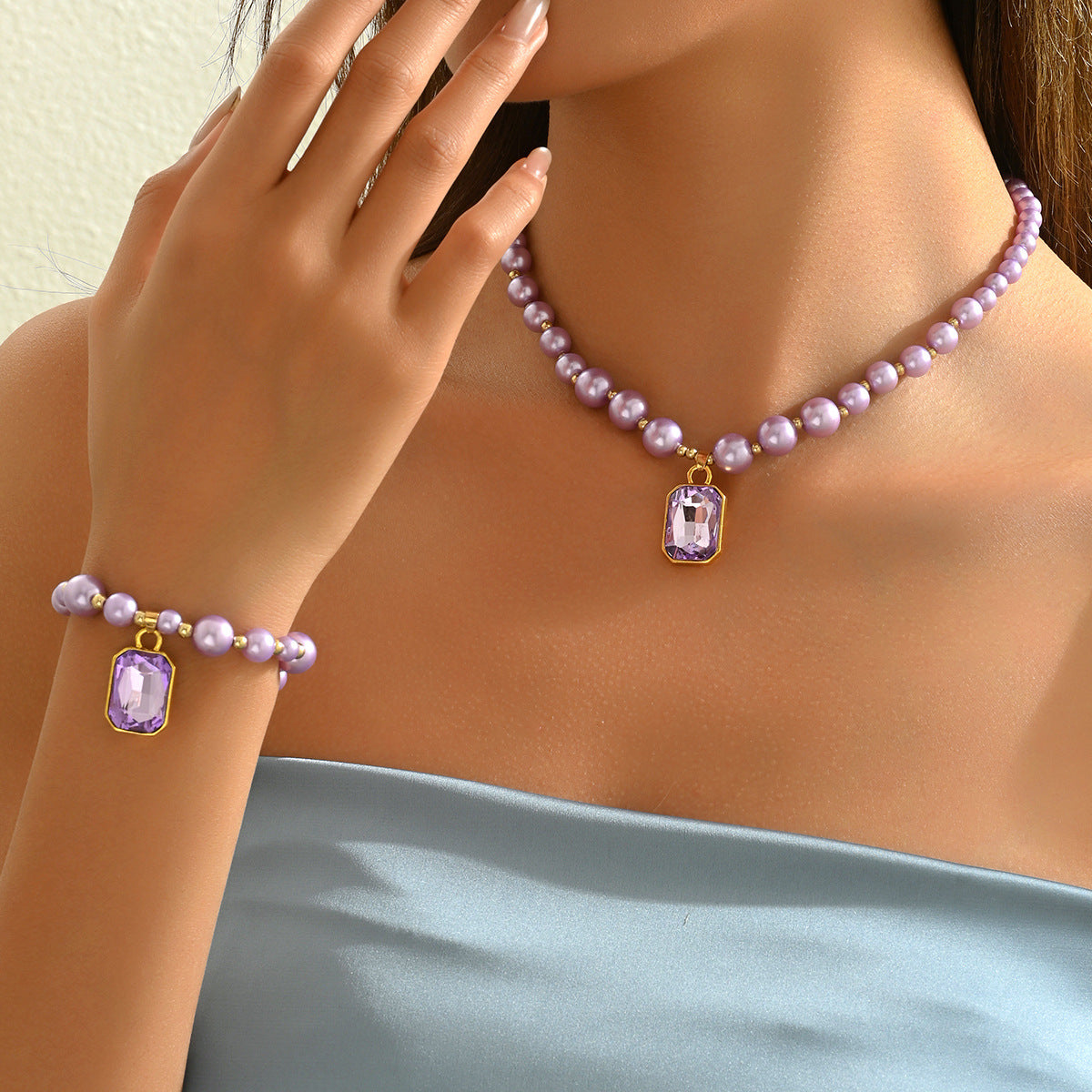Fashion OL European Style Women Jewelry Set, Niche Rhinestone Inlaid Pendant Pearl Necklace & Matching Bracelet Clavicle Accessories