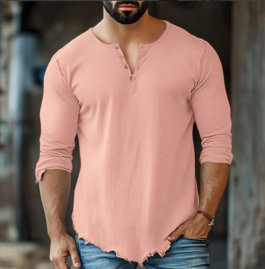 Fashionable Mens Casual Solid-Color Four-Button Long-Sleeve T-Shirt