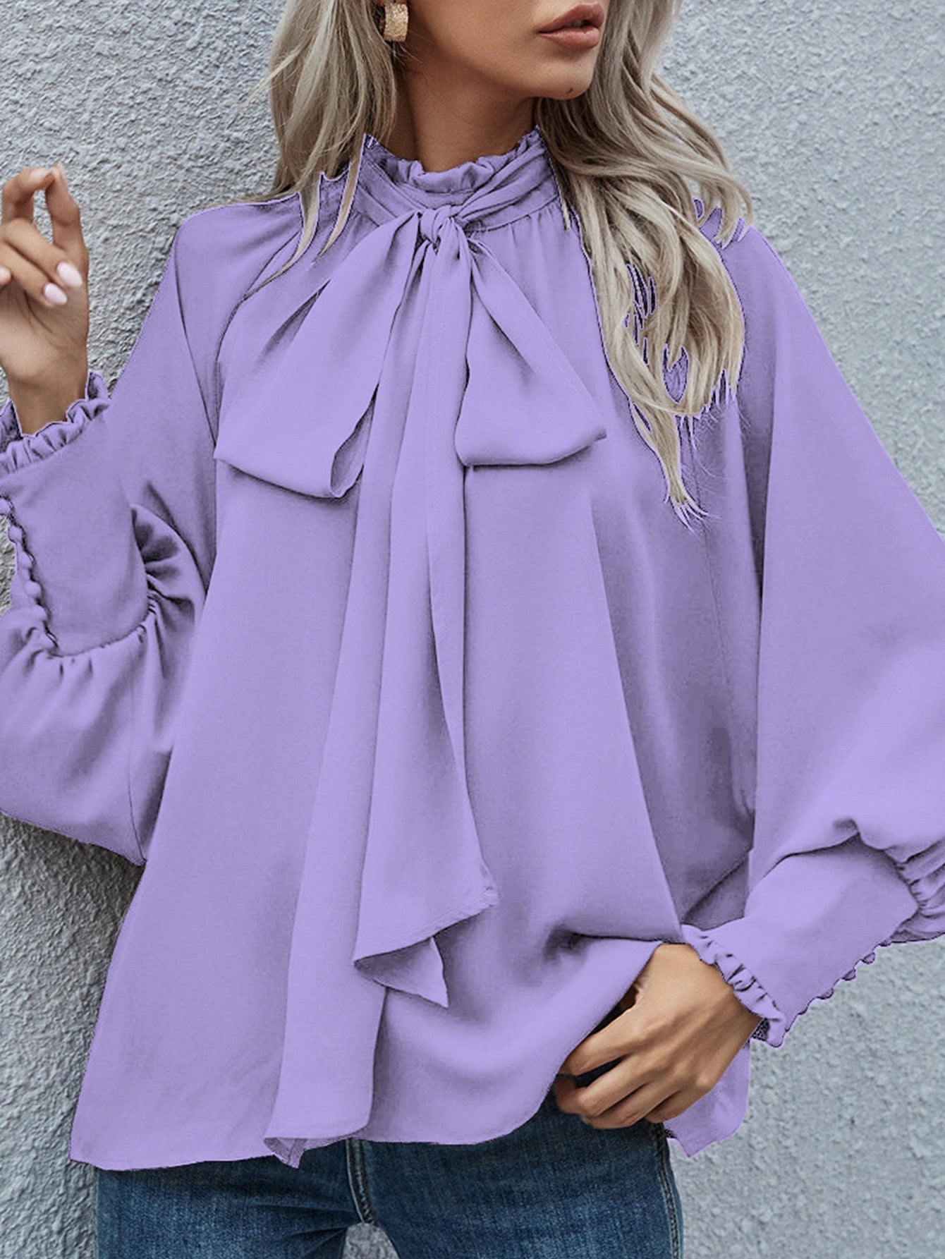 Ins Long-sleeved Blouse Bowknot Puff Sleeves Fashion Commuter Office Tops Women's Clothing See size chart under “more details”