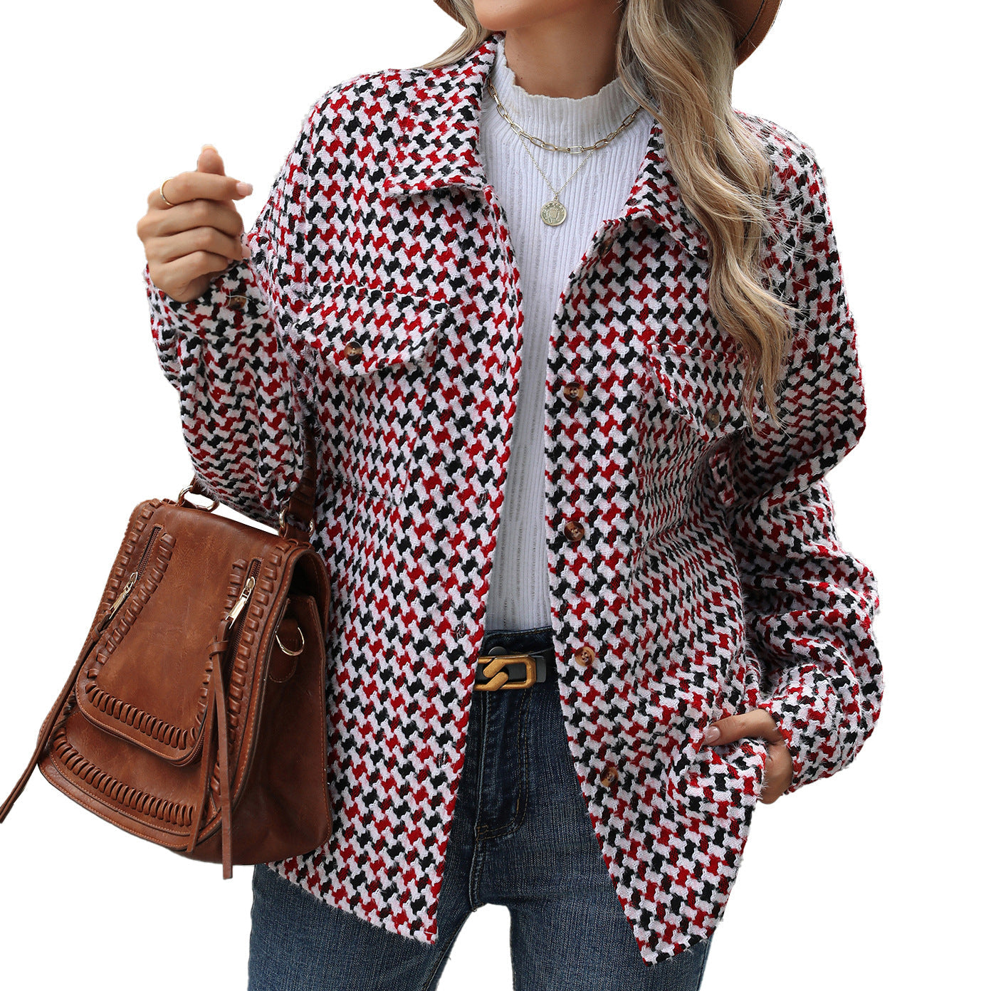Fashion Houndstooth Lapel Tweed Coat Casual Loose Long Sleeve Jacket With Pocket Outwear Tops For Womens Clothing See size chart under “more details”