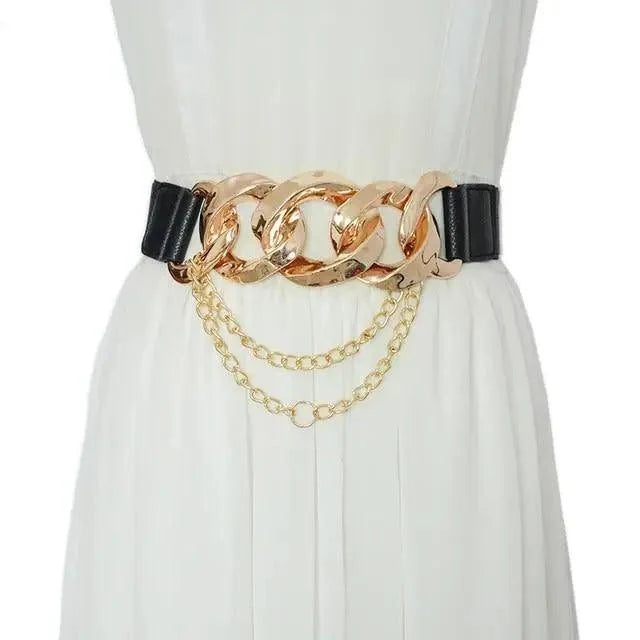 Black Vintage Ladies Dress Belt Charming Chain Buckle Elastic Luxurious Women Belt Metal Chain Style Party Fashion Belts For Ladies