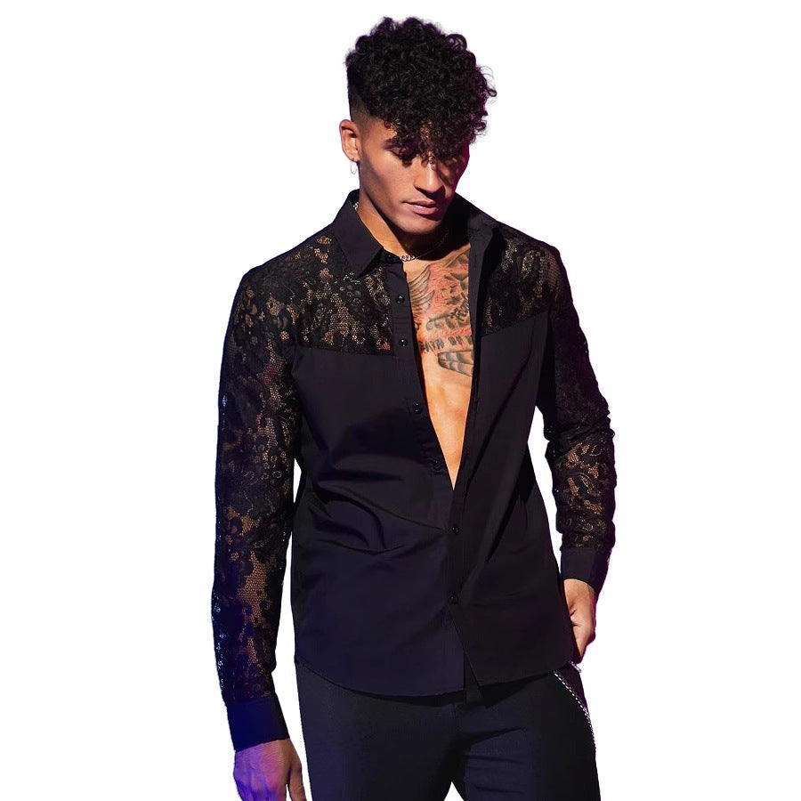 Men's New Lace-Patchwork Long-Sleeve Shirt Sexy Fashionable Statement Top