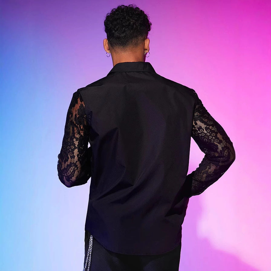 Men's New Lace-Patchwork Long-Sleeve Shirt Sexy Fashionable Statement Top