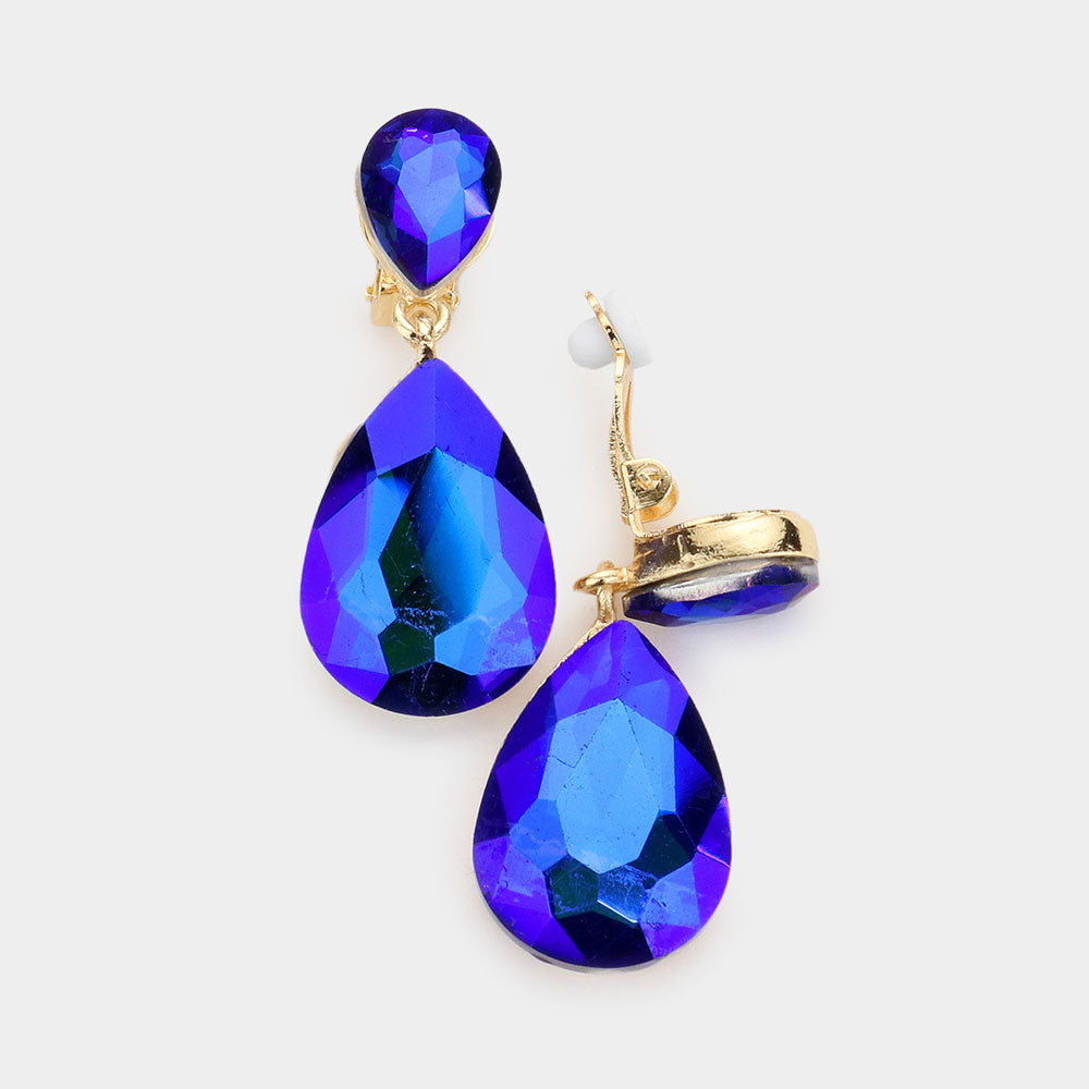 Women's Double Teardrop Stone Link Clip on Evening Dangle Earrings