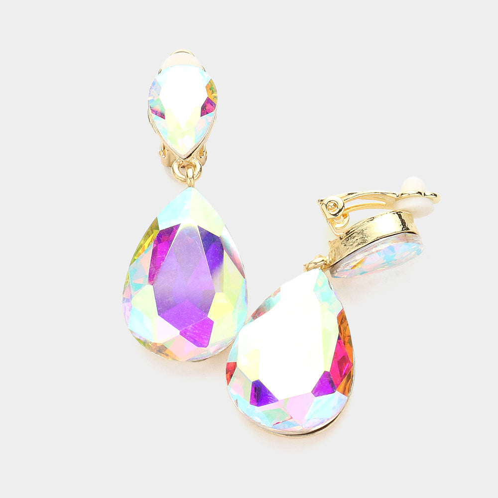 Women's Double Teardrop Stone Link Clip on Evening Dangle Earrings
