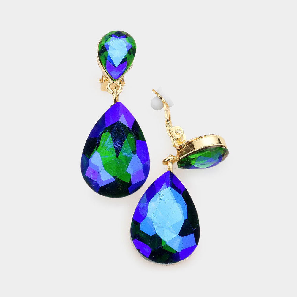 Women's Double Teardrop Stone Link Clip on Evening Dangle Earrings