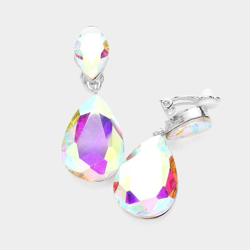 Women's Double Teardrop Stone Link Clip on Evening Dangle Earrings