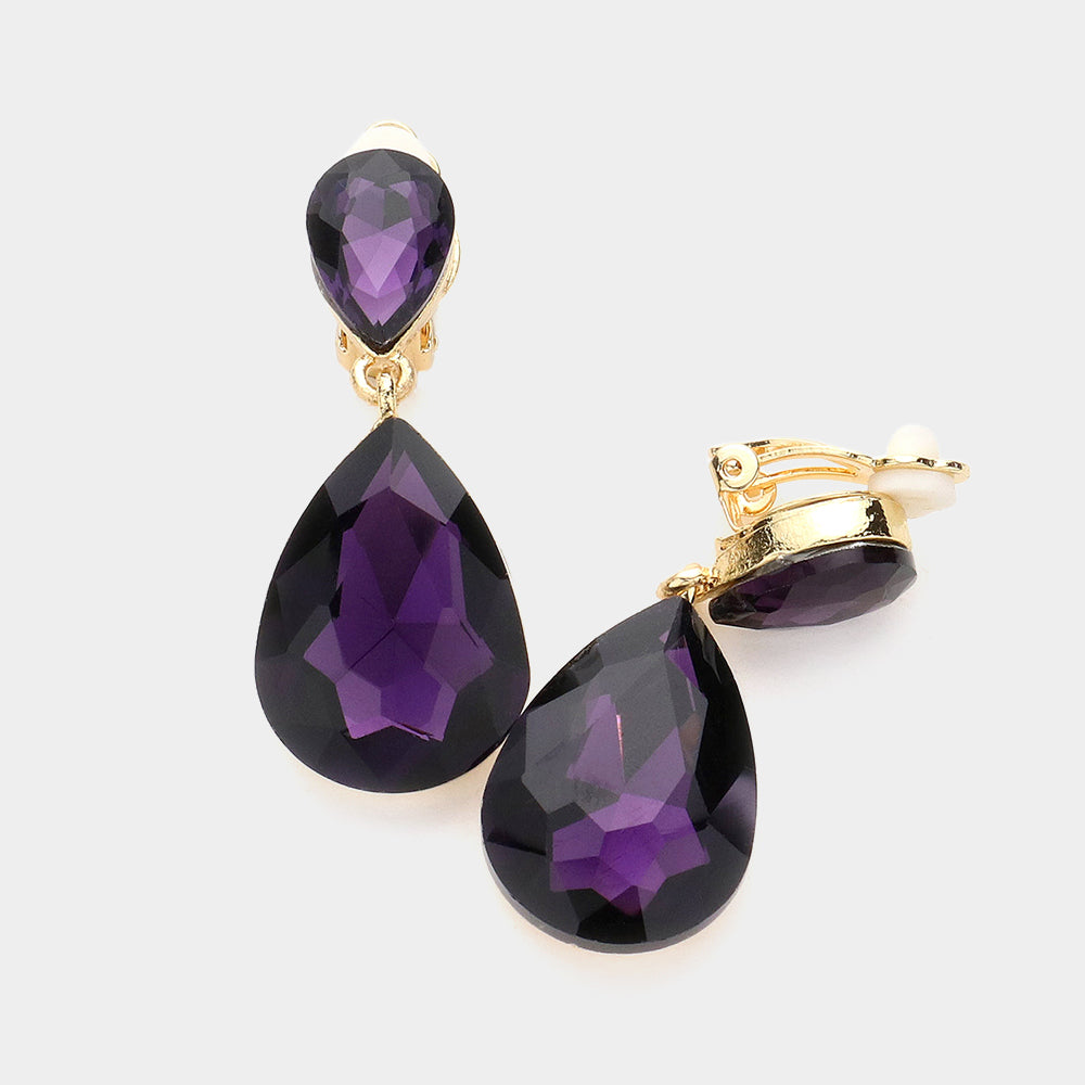 Women's Double Teardrop Stone Link Clip on Evening Dangle Earrings