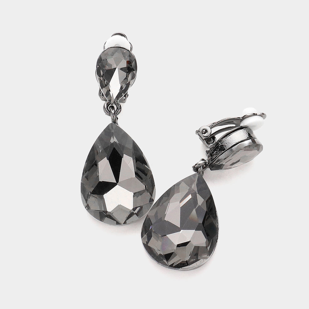 Women's Double Teardrop Stone Link Clip on Evening Dangle Earrings