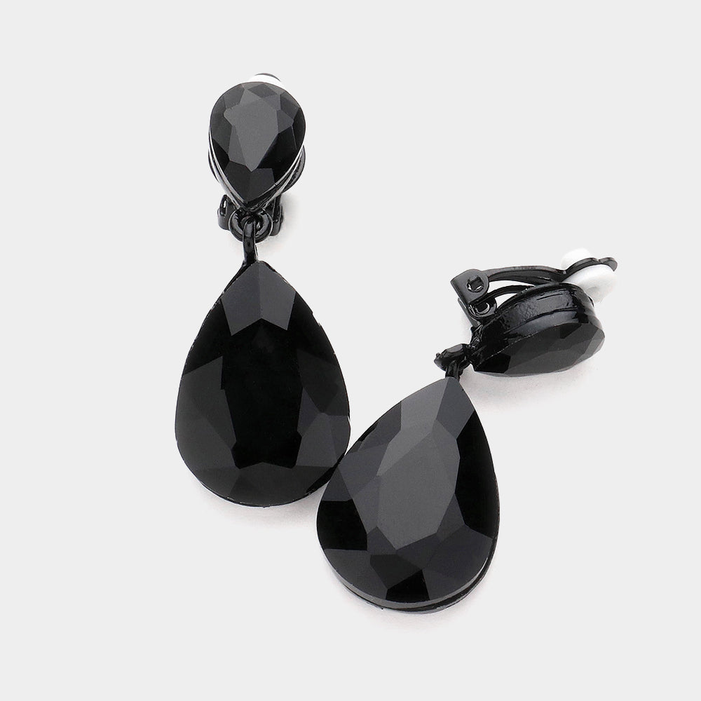 Women's Double Teardrop Stone Link Clip on Evening Dangle Earrings