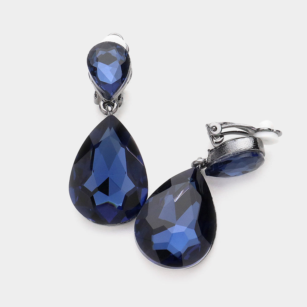 Women's Double Teardrop Stone Link Clip on Evening Dangle Earrings