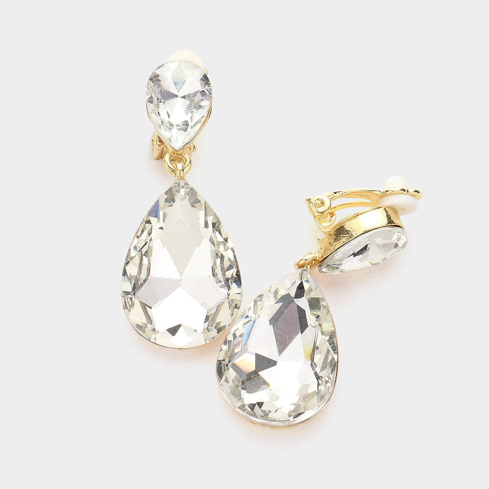 Women's Double Teardrop Stone Link Clip on Evening Dangle Earrings
