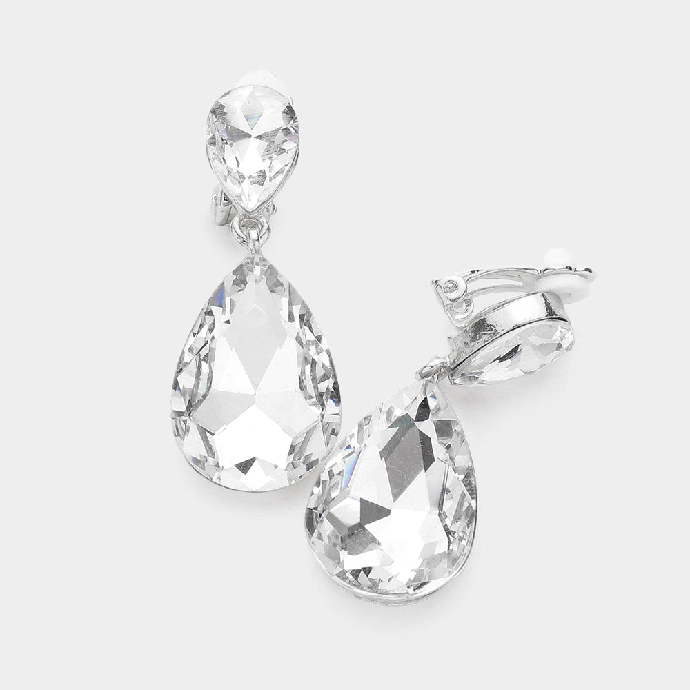 Women's Double Teardrop Stone Link Clip on Evening Dangle Earrings