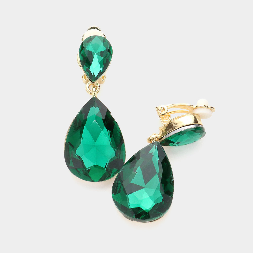 Women's Double Teardrop Stone Link Clip on Evening Dangle Earrings