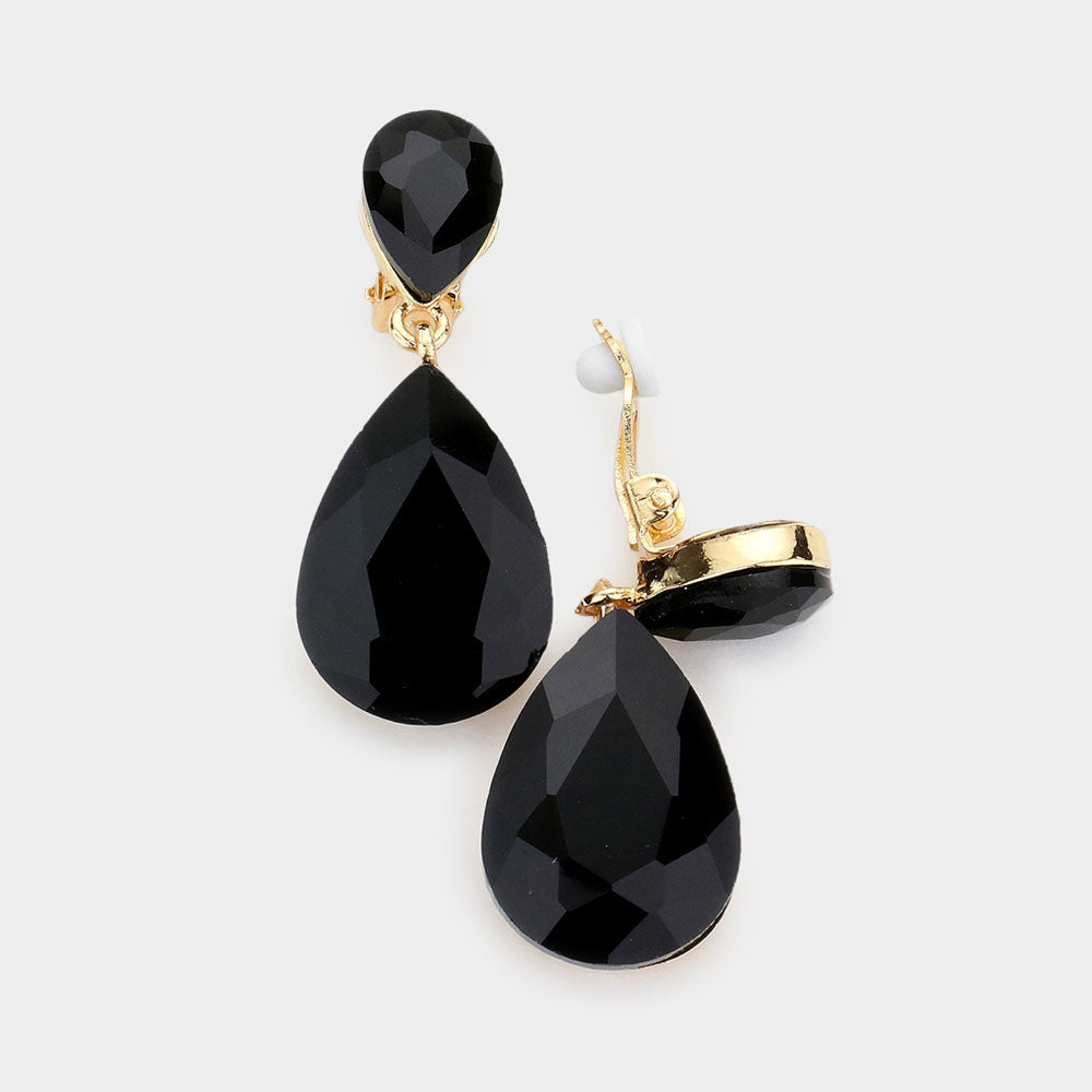 Women's Double Teardrop Stone Link Clip on Evening Dangle Earrings
